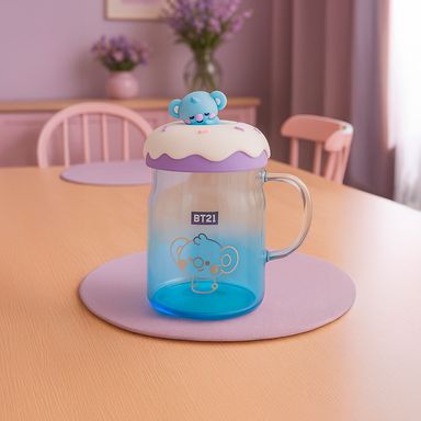 Taza de vidrio con tapa y decoración de bt21 baby koya -  BT21 Baby