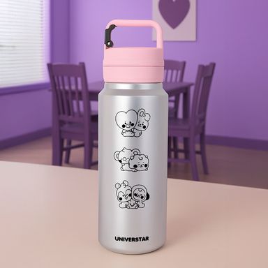 Tomatodo de plástico rosa plateado con asa bt21 baby collection 850 ml -  BT21 Baby