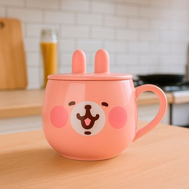 Taza de cerámica con tapa de silicona y decoración kanahei s small animals collection 400 ml rosa -  Kanahei's Small Animals