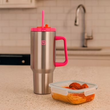 Tomatodo de acero de doble pared con asa y sorbete de la serie dopamine de 1200 ml (rosado) -  Miniso