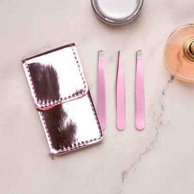 Set de 3 pinzas para cejas con bolsa de almacenaje brillante -  Serie Shiny Pink