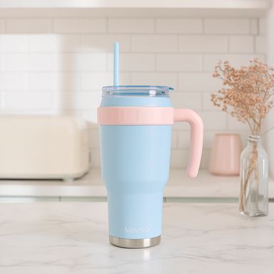 Tomatodo de acero de doble pared de color sólido 3.0 con sorbete y asa de 1240 ml (azul) -  Miniso