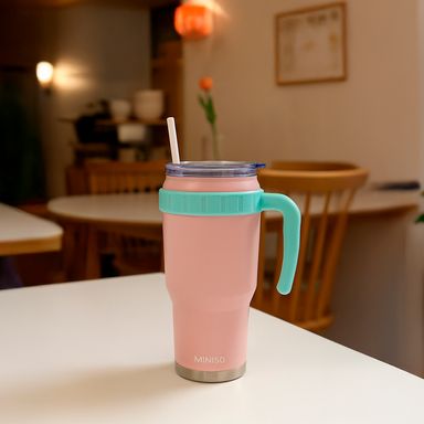 Tomatodo de acero de doble pared de color sólido 3.0 con sorbete y asa, 1240 ml (rosa) -  Miniso