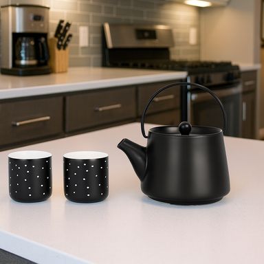 Tetera y juego de té colección black & white una tetera y dos tazas -  Black & White