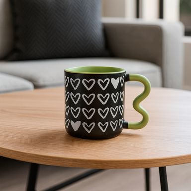 Taza de cerámica con asa irregular de la colección black & white de 420 ml corazones -  Black & White