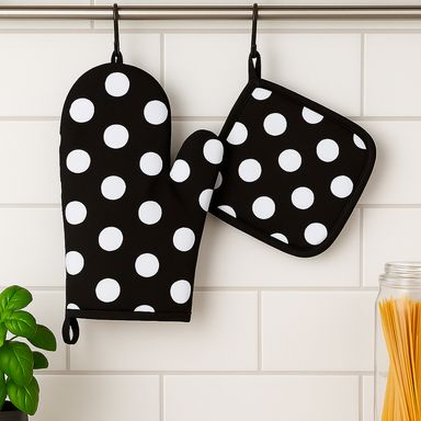 Set de guante y agarradera para cocina miniso serie black and white bolitas -  Black & White