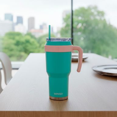 Tomatodo de acero de doble pared de color sólido 3.0 con sorbete y asa de 1240 ml (verde menta) -  Miniso