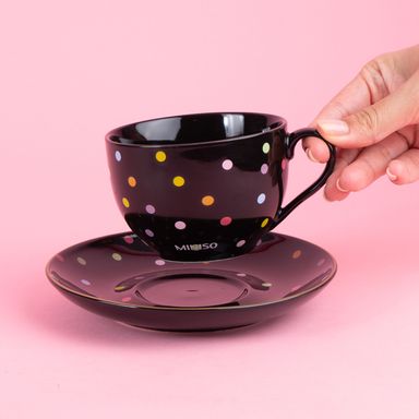 Taza con plato dots cerámica negra 240 ml -  Miniso
