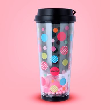 Tomatodo con tapa dots plástico negro 450 ml doble capa -  Miniso