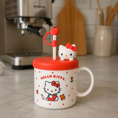 Taza con tapa y sorbete cerámica blanca 450 ml sanrio -  Sanrio