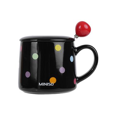Taza con tapa y cuchara dots cerámica negra 300 ml -  Miniso