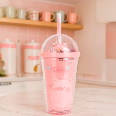 Tomatodo con tapa y sorbete doble capa plástico rosa 480 ml lulu la cerdita -  Lulu The Piggy