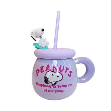 Taza con tapa y sorbete vintage cerámica lila snoopy -  Snoopy