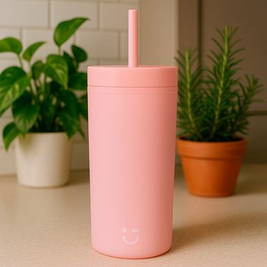 Tomatodo con tapa y sorbete plástico coral 473 ml -  Miniso