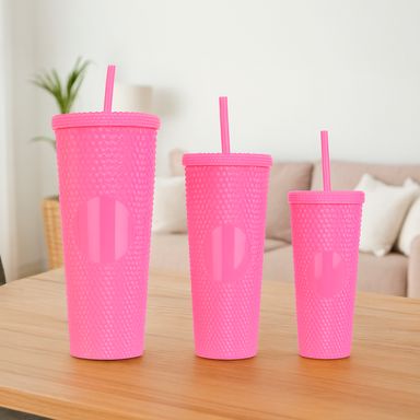 Set vasos con tapa y sorbete diseño tipo diamante plástico rosas 330 ml, 620 ml, 1050 ml 3 piezas -  Miniso