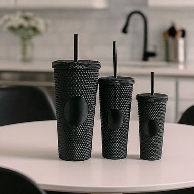 Set vasos con tapa y sorbete diseño tipo diamante plástico negros 330 ml, 620 ml, 1050 ml 3 piezas -  Miniso
