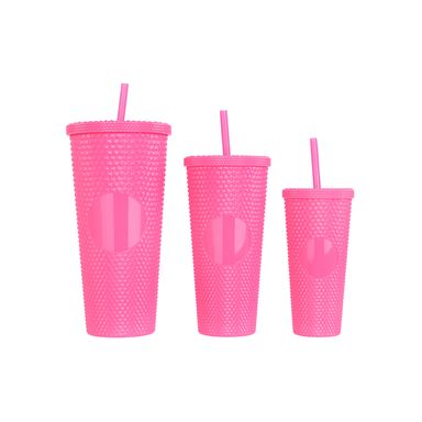Set vasos con tapa y sorbete diseño tipo diamante plástico rosas 330 ml, 620 ml, 1050 ml 3 piezas -  Miniso