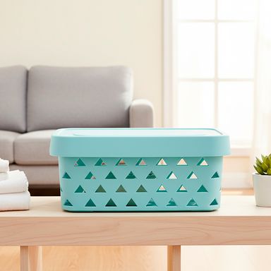 Cesta de almacenamiento con tapa macaron plástico verde aqua 31x13x21 cm -  Miniso