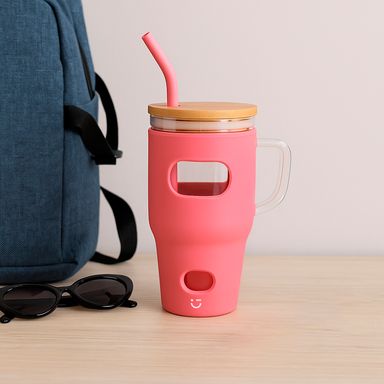 Tomatodo con tapa y sorbete vidrio rosa 1020 ml -  Miniso