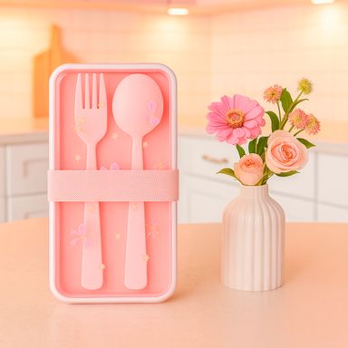 Taper de alimentos con cubiertos doble nivel plástico rosa 1000 ml -  Miniso