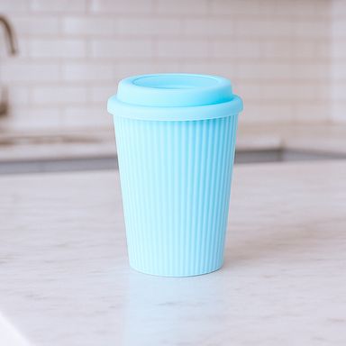 Tomatodo con tapa acabado en relieve cerámica azul 400 ml -  Miniso