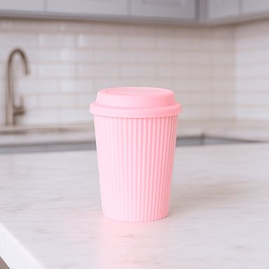 Tomatodo con tapa acabado en relieve cerámica rosa 400 ml -  Miniso