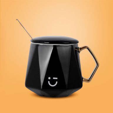 Taza con tapa y cuchara minimalista cerámica negra 360 ml -  Miniso