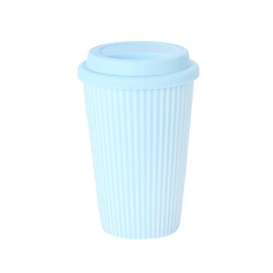 Tomatodo con tapa acabado en relieve cerámica azul 400 ml -  Miniso