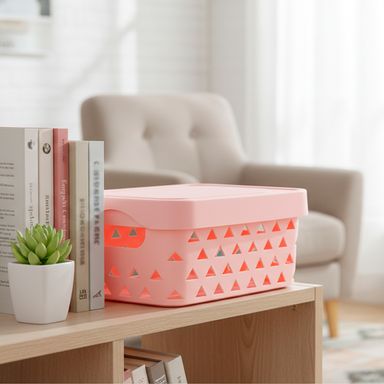 Organizador de plástico de almacenamiento con tapa serie macaron grande rosa -  Miniso