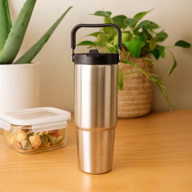 Termo con tapa enroscable acero inoxidable plateado 880 ml -  Miniso