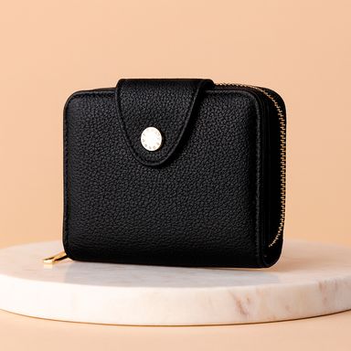 Cartera para mujer doble pliegue sintética negra 12x10x3 cm -  Miniso