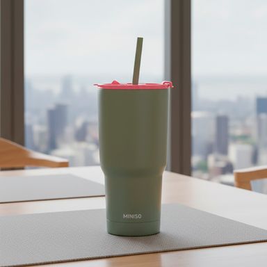 Vaso con tapa y sorbete doble pared acero inoxidable verde 580 ml -  Miniso