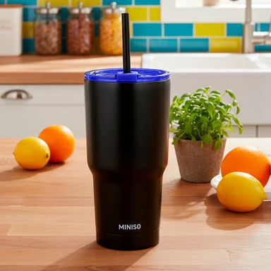 Vaso con tapa y sorbete solid color acero inoxidable negro 580 ml térmico -  Miniso