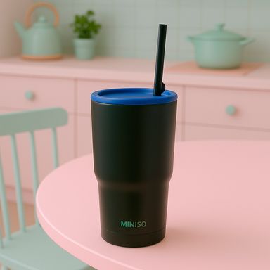 Vaso con tapa y sorbete térmico acero inoxidable negro 600 ml -  Miniso