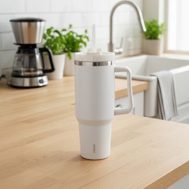 Vaso térmico con asa y tapa black & white acero inoxidable blanco 1250 ml doble pared -  Miniso