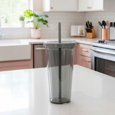 Vaso con tapa y sorbete plástico gris 600 ml -  Miniso