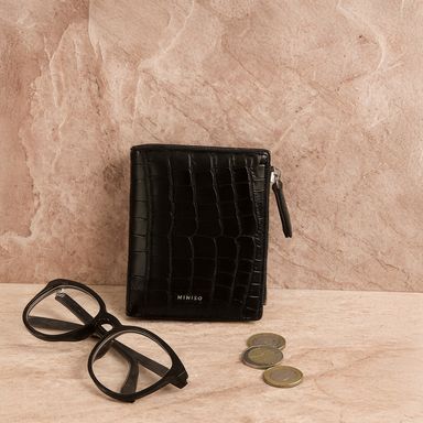 Cartera corta con cierre para mujer miniso tipo piel cocodrilo glossy negro -  Miniso