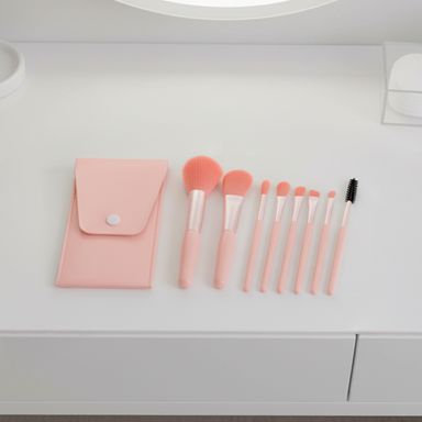 Kit brochas de maquillaje con funda sintéticas rosa 8 piezas -  Miniso