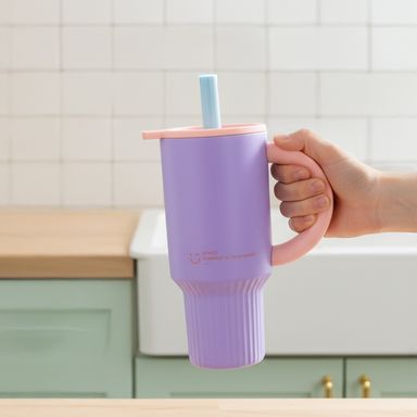 Vaso con tapa y sorbete doble pared acero inoxidable morado 920 ml -  Miniso