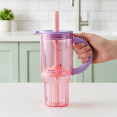 Vaso con tapa y sorbete tritán rosa 1000 ml -  Miniso