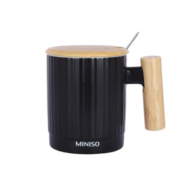Taza de cerámica con tapa y cuchara 370 ml negra  -  Miniso