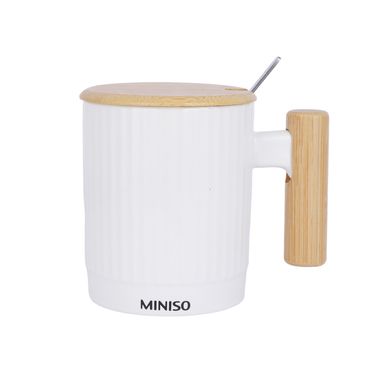 Taza de cerámica con tapa y cuchara 370 ml blanca -  Miniso