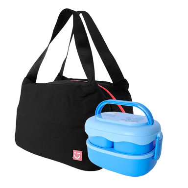 Lonchera miniso serie camping negro y Taper de alimentos plástico azul 1600 ml gruñosito ositos cariñositos - Miniso