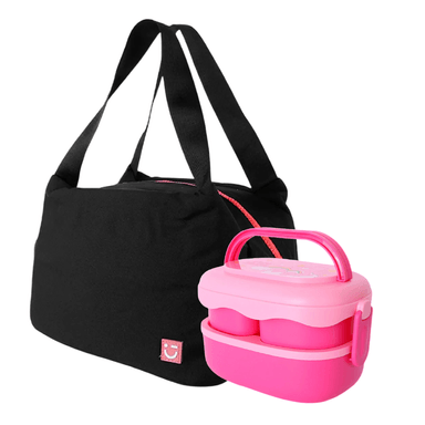 Lonchera miniso serie camping negro y Taper de doble nivel plástico rosa 1600 ml alegrosita ositos cariñositos - Miniso