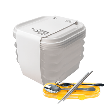 Taper de plástico color mixto 400ml 4 pzas y Set de cubiertos con estuche azul/amarillo 3pzas - Miniso