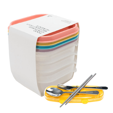 Taper de plástico color mixto 180ml 4 pzas y Set de cubiertos con estuche azul/amarillo 3pzas - Miniso