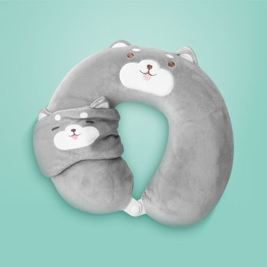 Almohada de viaje con antifaz memory foam gris 30x28 cm shiba inu -  Miniso