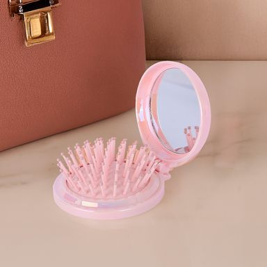 Espejo portátil plegable shiny pink sintético rosa 6x6 cm con cepillo -  Miniso