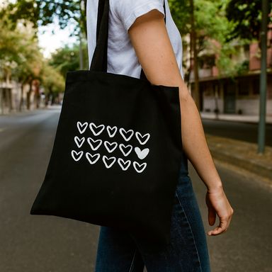 Bolsa de compras black & white textil negra 34x38 cm estampado de corazones -  Miniso