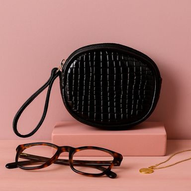 Monedero con correa tipo piel de cocodrilo sintético negro 13x10x2 cm -  Miniso